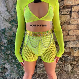 Neon yellow mesh long sleeve buckle crop top, mesh crop top, festival outfit, festival top, buckle top, yellow crop top