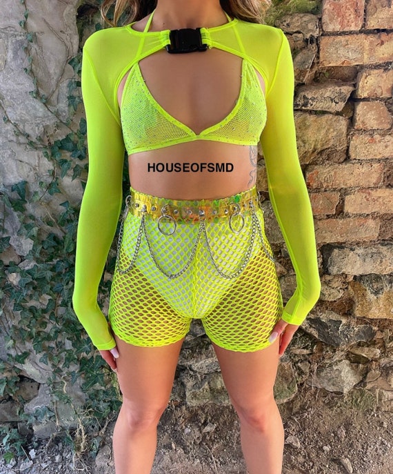 Neon Yellow Mesh Long Sleeve Buckle Crop Top, Mesh Crop Top