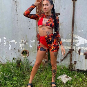 Three piece festival set, flame print set, fire print festival outfit, festival 3 piece, flame print bikini set, festival chaps, rave outfit