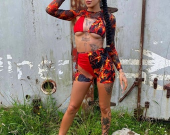 Three piece festival set, flame print set, fire print festival outfit, festival 3 piece, flame print bikini set, festival chaps, rave outfit