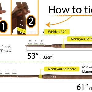 May include: Brown guitar strap with instructions on how to tie it. The strap is 53 inches (133 cm) long, with a width of 2.2 inches. The strap's adjustable length ranges from 41 inches (103 cm) to 53 inches (133 cm). Another strap is 61 inches (153 cm) long, adjustable from 49 inches (123 cm) to 61 inches (153 cm).