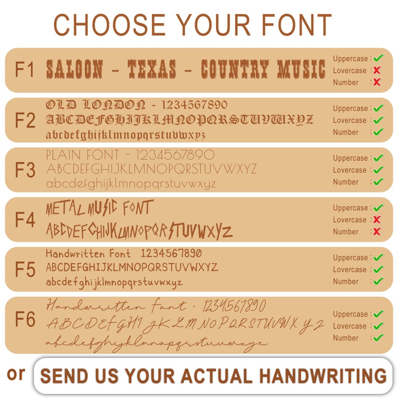 You may select the font from the list or send us any font you choose from www.dafont.com website. You may also send photo of your handwirting your kids handwriting or picture on ETSY messages.