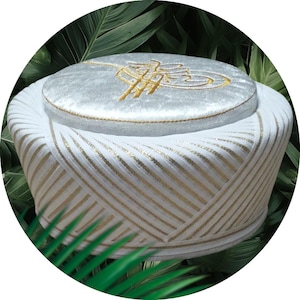 handmade white embroidered groom&#39;s hat or turban;Muslim hat with signature and basmalah