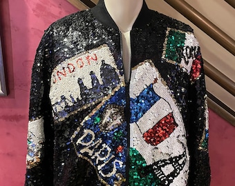 Vintage 80s 90s I.B. Diffusion sequin bomber travel theme London Paris Rome Greece jacket