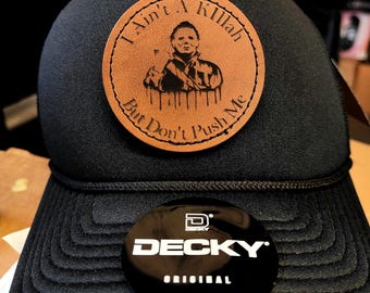 Trucker hat with logo on leatherette patch birthday gift, fathers day gift, groomsman, any occasion gift, business advertisement, snapback