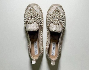 Women Pearl Linen Creamy White Espadrille | Simple Embroidered Comfortable Espadrille Flats | Round Toe Crystal Loafer Shoes