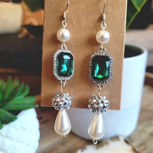 Vintage Inspired Elegant Statement Earrings with Emerald and Pearl Detail