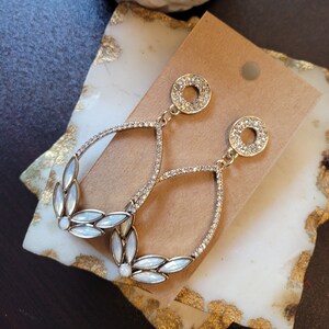Elegant Gold Statement Earring with Crystal Post and Delicate Pearl Leaf Embossed Hoop Detail