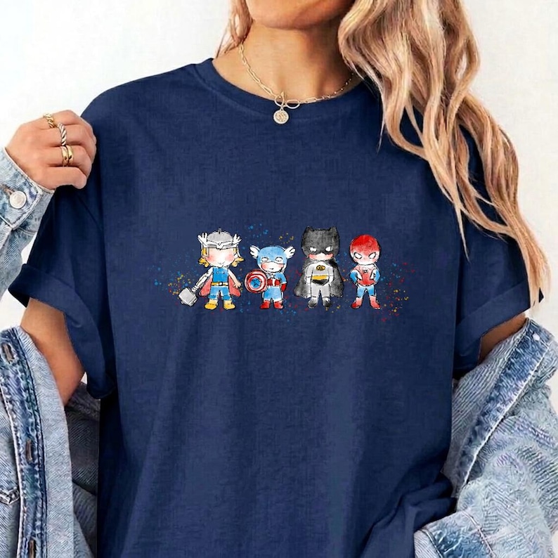 Cute Superhero T-Shirt Kids Watercolor Marvel DC Thor Captain America Batman Spiderman Tee image 1