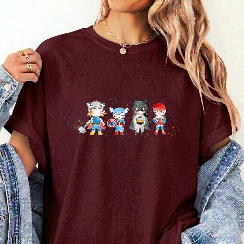Cute Superhero T-Shirt Kids Watercolor Marvel DC Thor Captain America Batman Spiderman Tee image 5