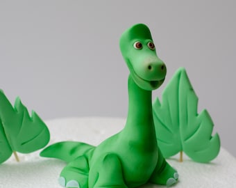Dino cake topper with fondant Rainbow cake topper and tropical leaves, Jurassic Birthday cake, Dinosaur cake topper