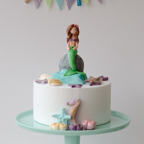 Mermaid cake topper with fondant shells and sea horse cake topper, Under the sea cake decoration, Beach Birthday cake,