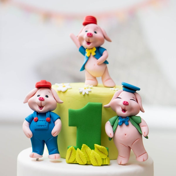 Gâteau d'animaux de la ferme, Trois petits cochons, Topper Fondant, gâteau de douche de bébé, Fondant Pigs