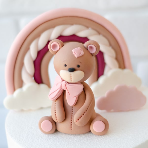 Adorno de pastel de oso de ducha de bebé, pastel de cumpleaños de oso de peluche, decoración de bautizo de niña, topper de pastel de arco iris rosado, toppers de nubes Fondant