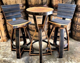 Whiskey Barrel Bar Set - Stools with Swivels and Backrest