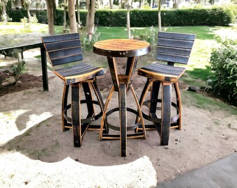 Whiskey Barrel Bar Set - Stools with Swivels and Backrest