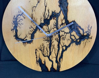 Handcrafted Fractal Burn Lichtenberg Wooden Resin Rustic Clock