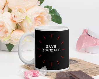 11 onzas Taza Sálvate a ti mismo brillante en blanco y negro
