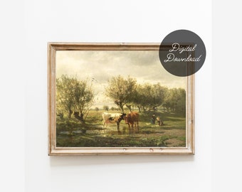 Vintage Cattle and Farm Landscape Oil Painting Printable | 8x10 Art Digital Download Print