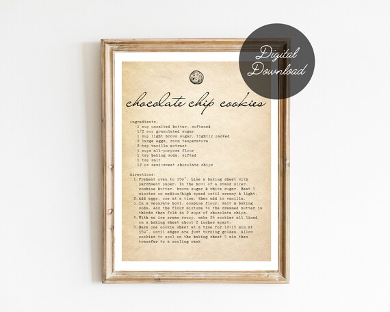Chocolate Chip Cookie Recipe Printable Sign Digital Download | Etsy