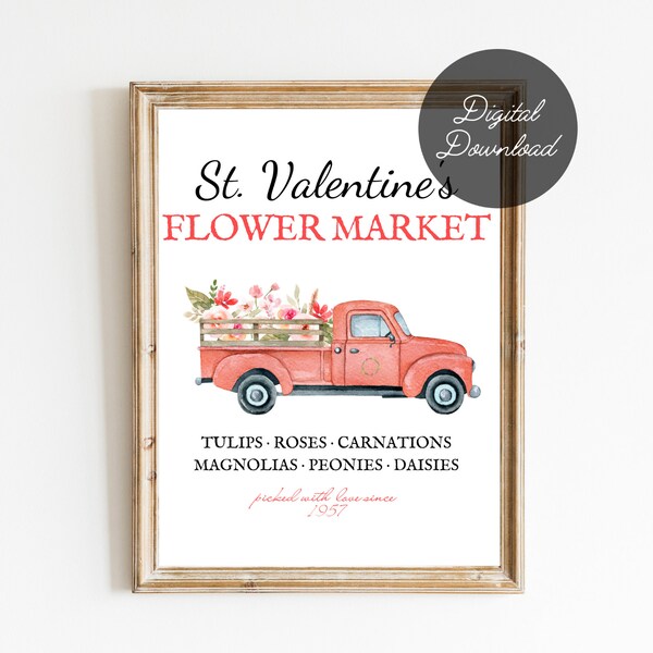 Valentine's Day Printable Sign | Digital Download Valentine Flower Market Print | 8x10 Farmhouse Printable