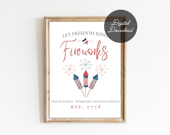 Könnte beinhalten: Ein druckbares Schild mit einem rot-weiß-blauen Farbschema. Das Schild sagt "Let Freedom Ring - Fireworks - Firecrackers, Sparklers, Roman Candles - Est. 1776". Das Schild zeigt eine stilisierte Illustration von Feuerwerk und Raketen.