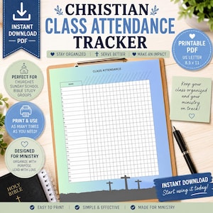 May include: A printable Christian class attendance tracker with the text "Christian Class Attendance Tracker." The design includes a grid for tracking attendance, a blue and green gradient background, and the text "Instant Download." The document is US Letter size, 8.5 x 11 inches.