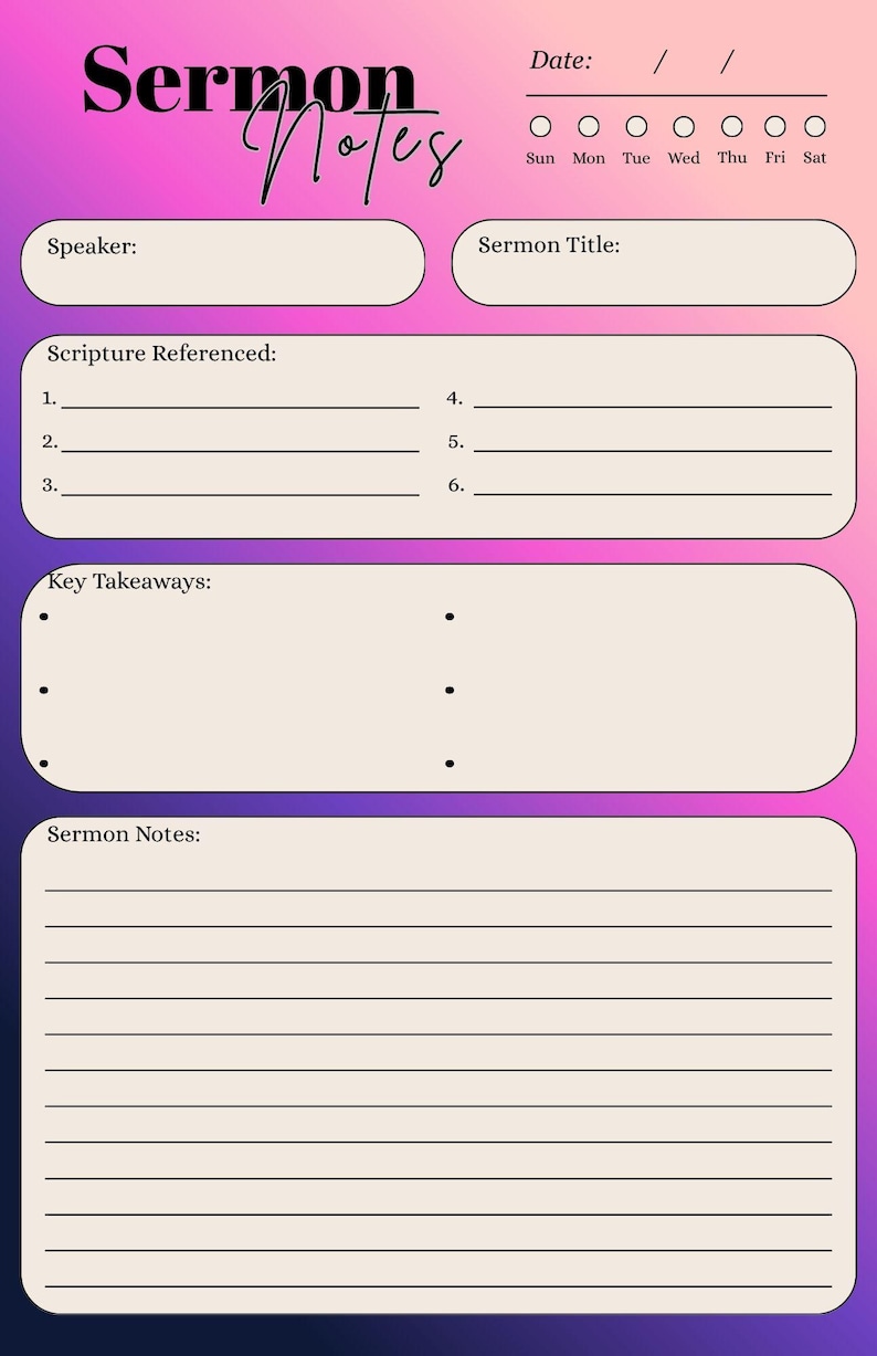 Sermon Notes Printable PDF | Church Notes Template | Bible Study ...