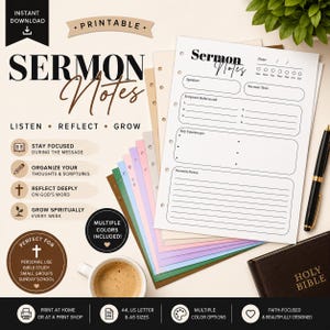 May include: Printable sermon notes with a minimalist design. The notes include sections for speaker, scripture references, key takeaways, and sermon notes. The image also shows a stack of colorful paper, a pen, and a Bible.