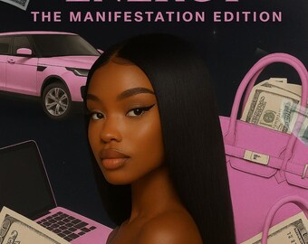 Op de afbeelding: Afbeelding met een vrouw met lang zwart haar, een roze handtas, een roze SUV en stapels van $100 biljetten. De tekst "RICH B*TCH ENERGY" en "THE MANIFESTATION EDITION" zijn in roze weergegeven.