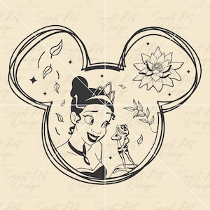 May include: Black and white line art illustration of a Disney princess with a crown and a frog in a Mickey Mouse ear shape.