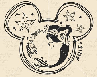 La Sirenetta Principessa Ariel SVG, Testa di Topolino SVG, Orecchie di Topolino, Principessa Disney SVG, File di taglio in vinile, Svg, Pdf, File di progettazione stampabile Png
