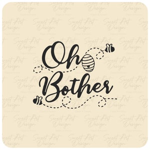 Könnte beinhalten: Schwarzweißes Grafikdesign mit dem Text "Oh Bother" und einem Bienenstock mit einer Biene, die herumfliegt. Das Design ist von einer gepunkteten Linie umgeben.