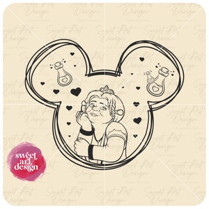 Puede incluir: Un dibujo en blanco y negro de una princesa con una corona, dentro de un marco con forma de Mickey Mouse. La princesa está mirando hacia un lado y tiene la mano en la barbilla. Hay corazones y botellas con corazones dentro alrededor de la princesa.