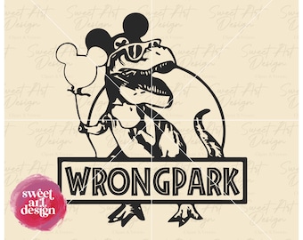 Parque equivocado SVG, T-Rex con globo de ratón SVG, Viaje familiar SVG, Regalo personalizado para adultos SVG, Archivo de vinilo cortado SVG, PDF, PNG, Archivo de diseño imprimible