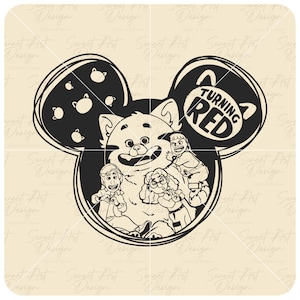 Può includere: Illustrazione in bianco e nero di un panda rosso con il testo "Turning Red" a forma di orecchio di Topolino. Il panda rosso è circondato da tre personaggi del film Turning Red.