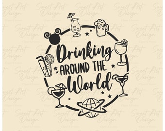 May include: Black and white graphic design with the text "Drinking Around The World". The design features a circle with a globe, stars, and various cocktail glasses.