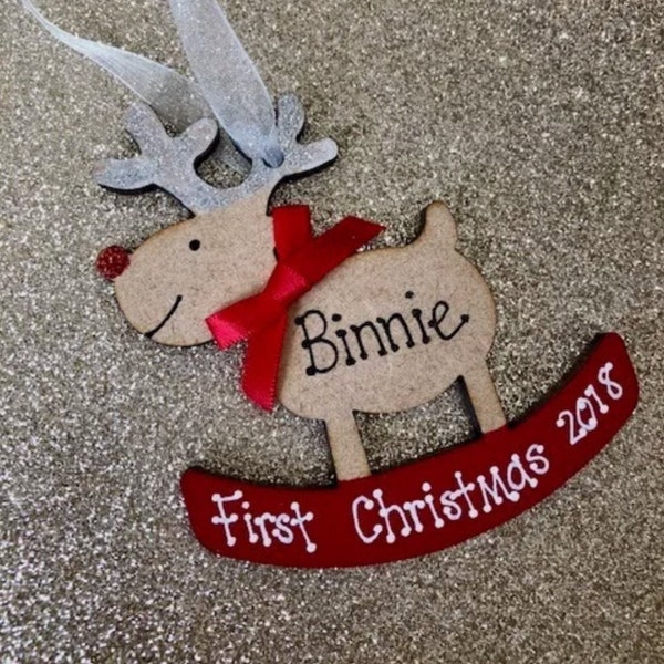 Personalised 1st Christmas Reindeer Hanging Tree Decoration First Baby Gift Pink Blue Red 2023