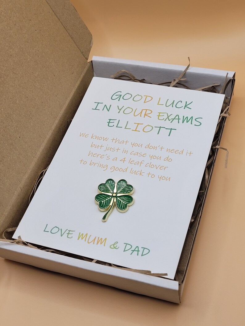 Personalised Good Luck in Your Exams Card and 4 Leaf Clover Gift ...