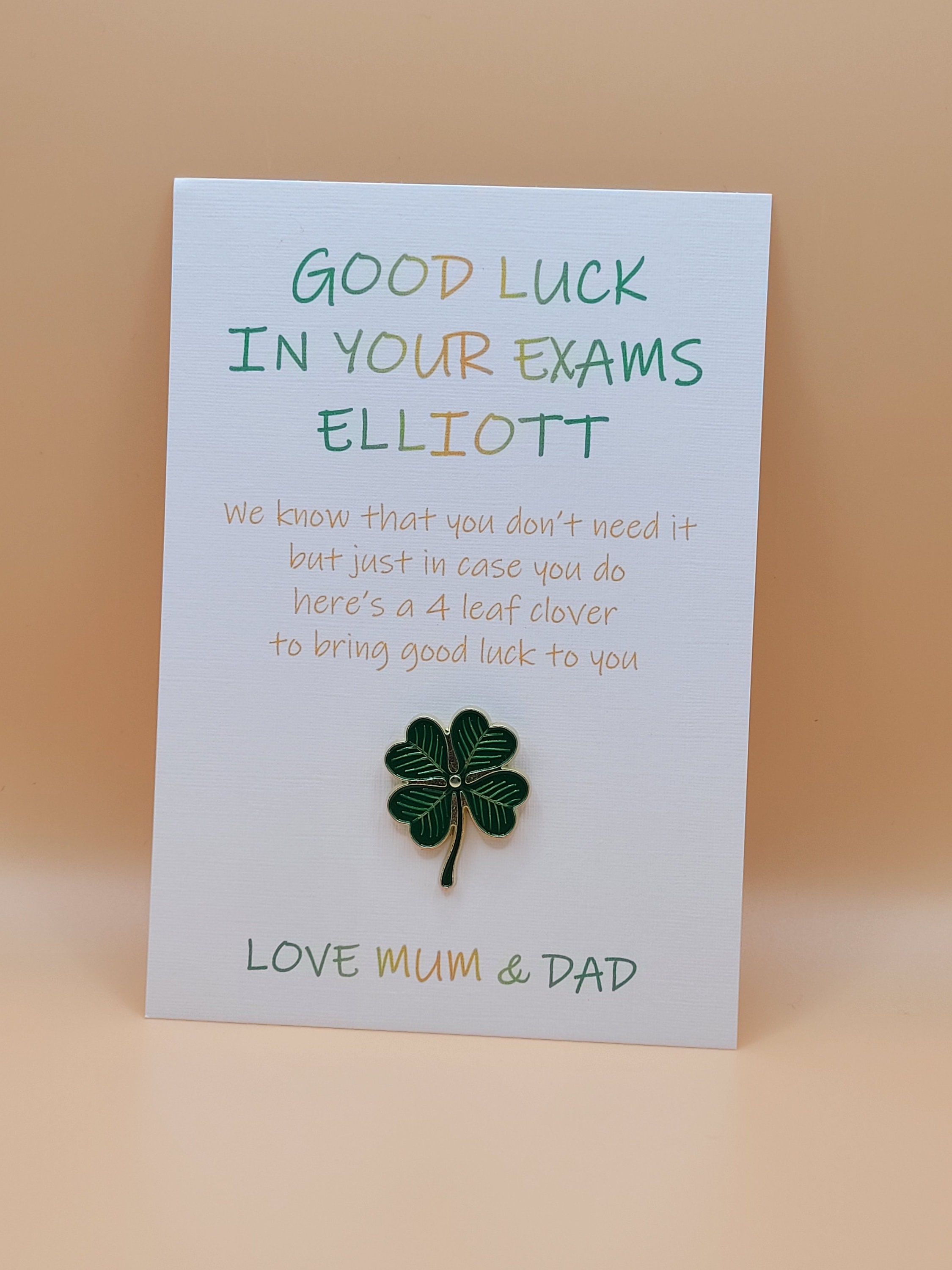 Personalised Good Luck in Your Exams Card and 4 Leaf Clover Gift ...