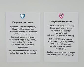 May include: Two white cards with the text "Forget-me-not Seeds" and a poem about cherishing memories. One card has a blue heart, the other a pink heart. The cards are for planting seeds.