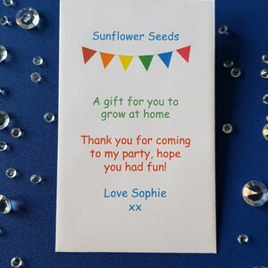 Birthday Party Sunflower Seeds Personalised x 5 Packets Envelopes, party bag favour gift kids