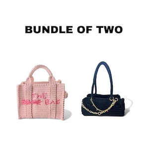 May include: Two crochet handbags are shown against a white backdrop. One is light pink with "THE BAG" embroidered on it. The other is black with a gold chain strap. The text "BUNDLE OF TWO" is above the bags.
