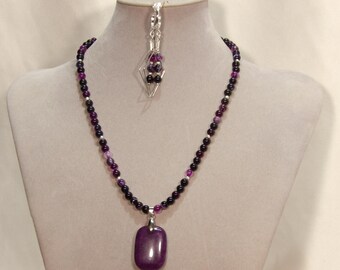 Purple Agate Pendant, Necklace, and Earring Set