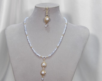 Elegant Blue Lace Agate Pendant, Necklace, and Earring Set