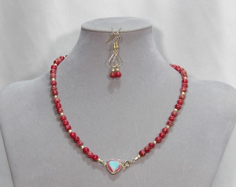 Red Sea Sediment Jasper Necklace with a Red and Blue Heart, and Earring Set