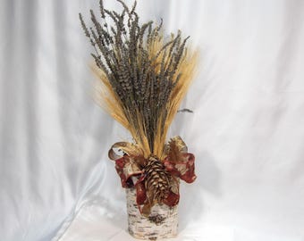 Lavender and Wheat in Lighted Birch Bark Planter