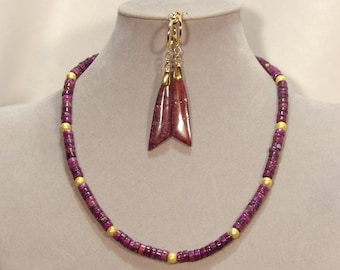 Lepidolite Heishi Necklace and Leaf Shape Earring Set