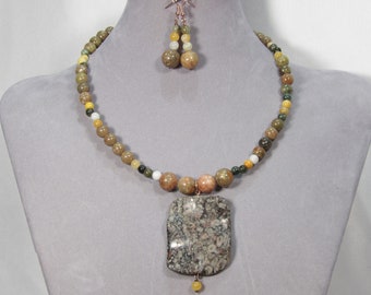 Brecciated Jasper, Autumn Jasper, and Jade Necklace and Earring Set