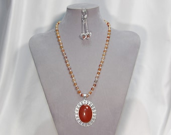 Red Jasper and Agate Pendant, Necklace and Earring Set